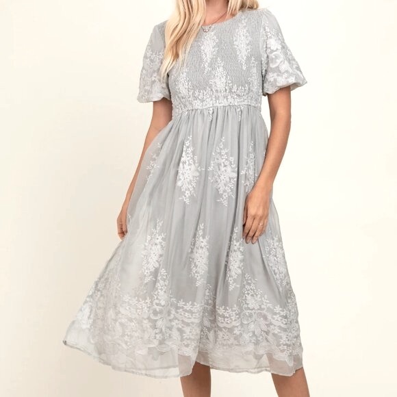Gray Floral Lace Smocked Midi Dress - Picture 2 of 5